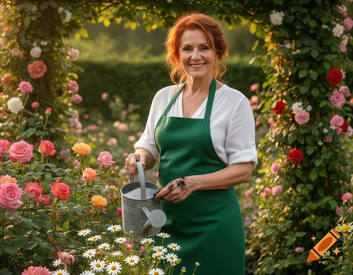 Smiling older woman in a green apron holding a watering can in a beautiful rose garden, photorealistic.