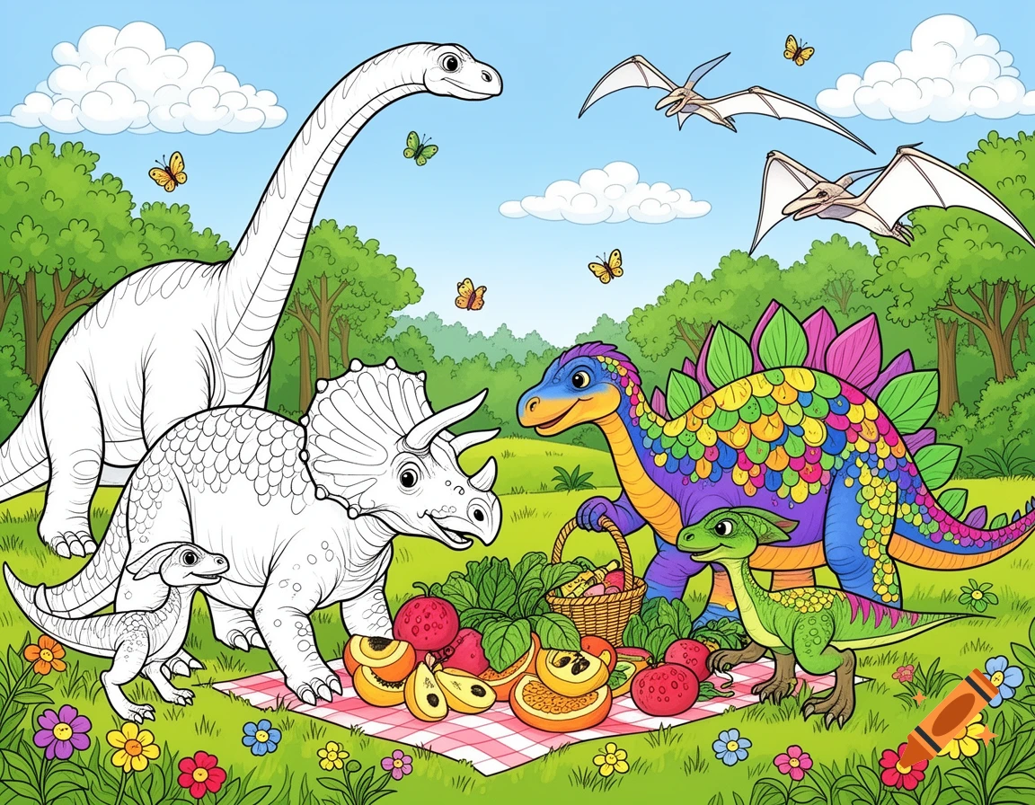 A kid-friendly cartoon coloring page of various dinosaurs having a picnic in a grassy field. Some dinosaurs are colored, others are outlines.