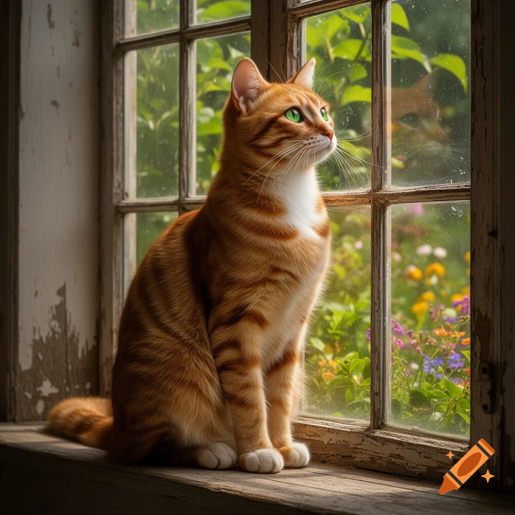 An orange tabby cat with green eyes sits on a wooden windowsill ...