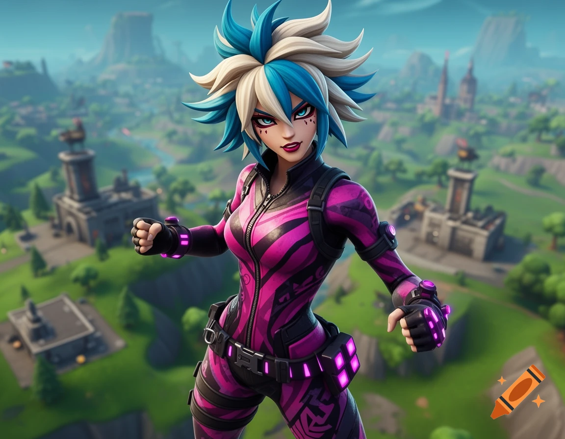 A vibrant Fortnite character with spiky blue and white hair, wearing a pink and black suit with purple glowing accents, set against a blurred cartoonish landscape.