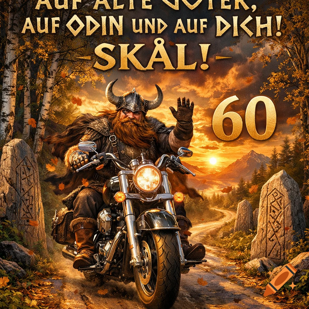 A bearded Viking in a horned helmet waves from a motorcycle on a dirt road, with autumn trees, runestones, and a sunset. Text says 'SKÅL!' and '60'.