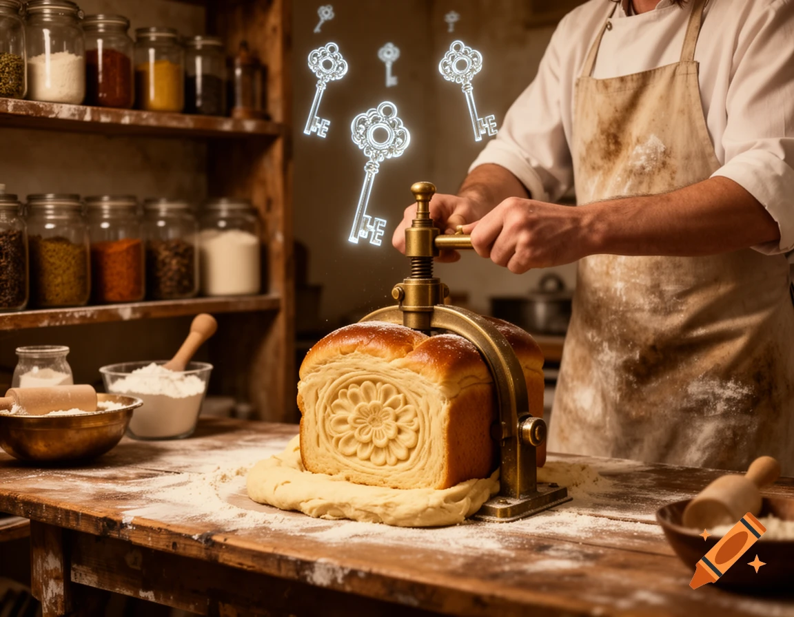 A baker in an apron presses an elaborately carved loaf of paska bread with a vintage press, as glowing, ethereal keys float above in a warm-toned kitchen.