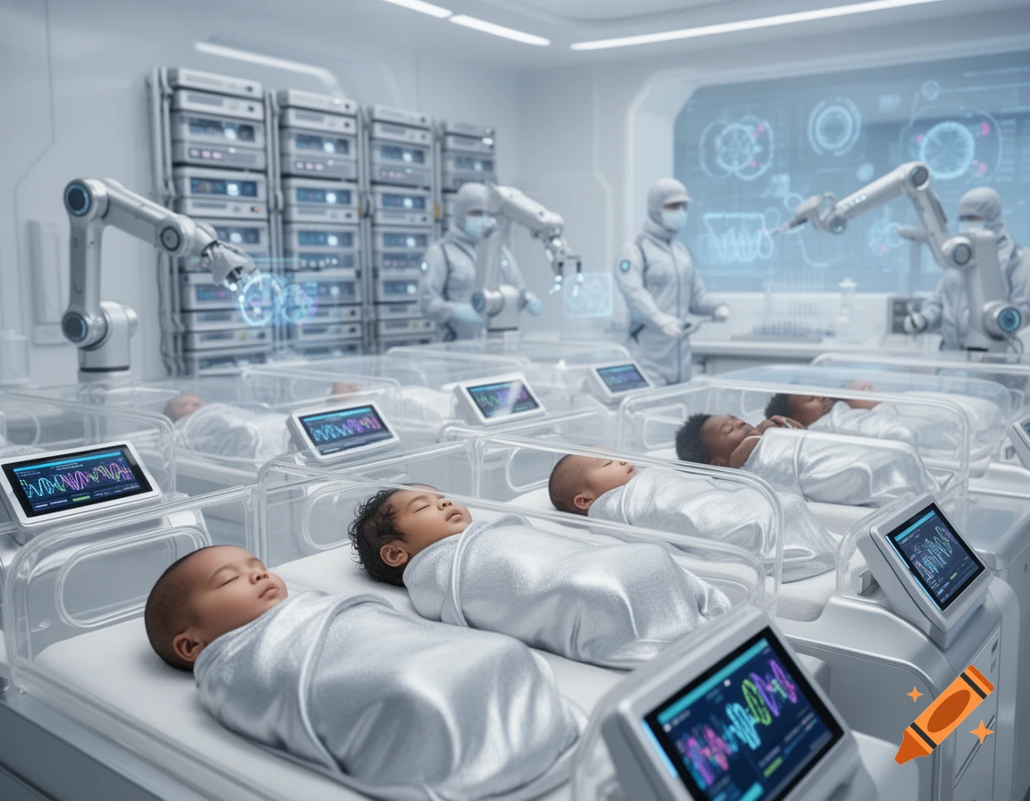 Newborn babies sleep in individual incubators within a futuristic, sterile lab, attended by robotic arms and masked scientists.