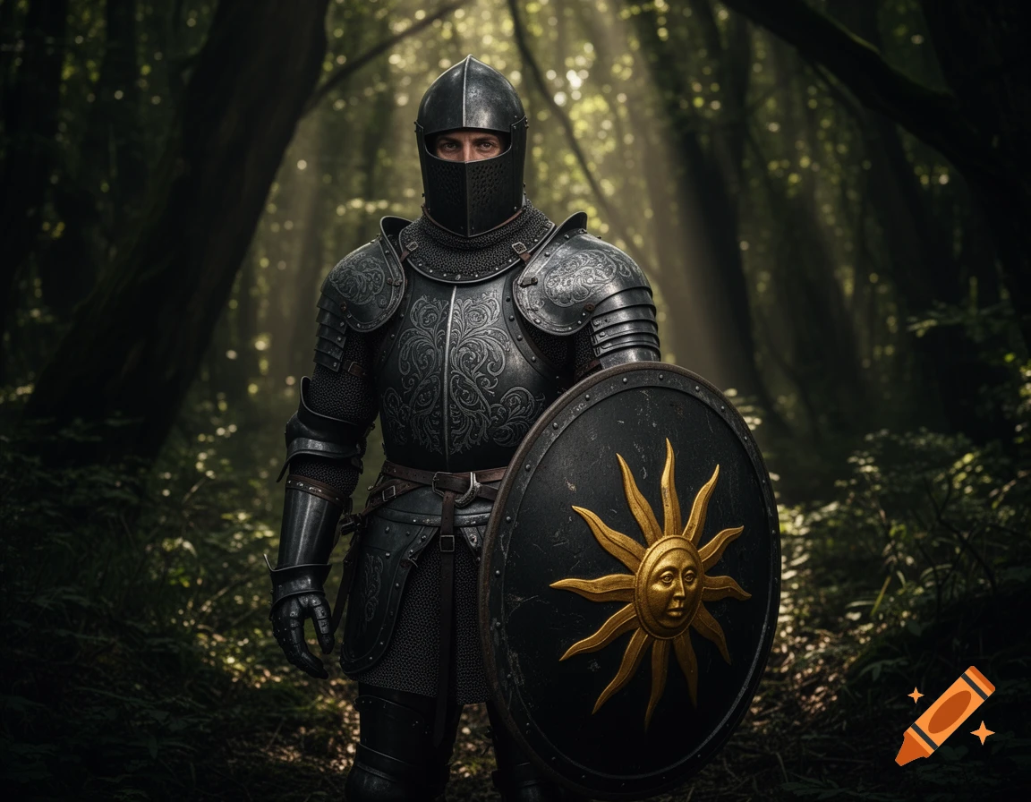 A knight in dark, ornate armor and helmet holds a shield with a golden sun in a sun-dappled forest.
