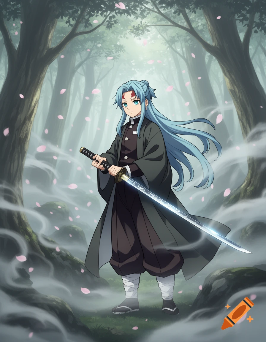 An anime character with long blue hair and a red mark on their forehead stands in a misty forest, holding a glowing sword, with pink petals falling around them.