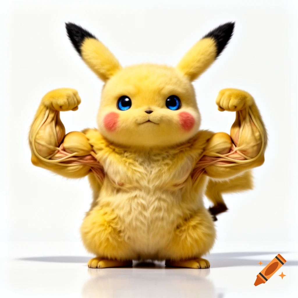 Pikachu with prominent, exposed muscles flexing both biceps on a white background.