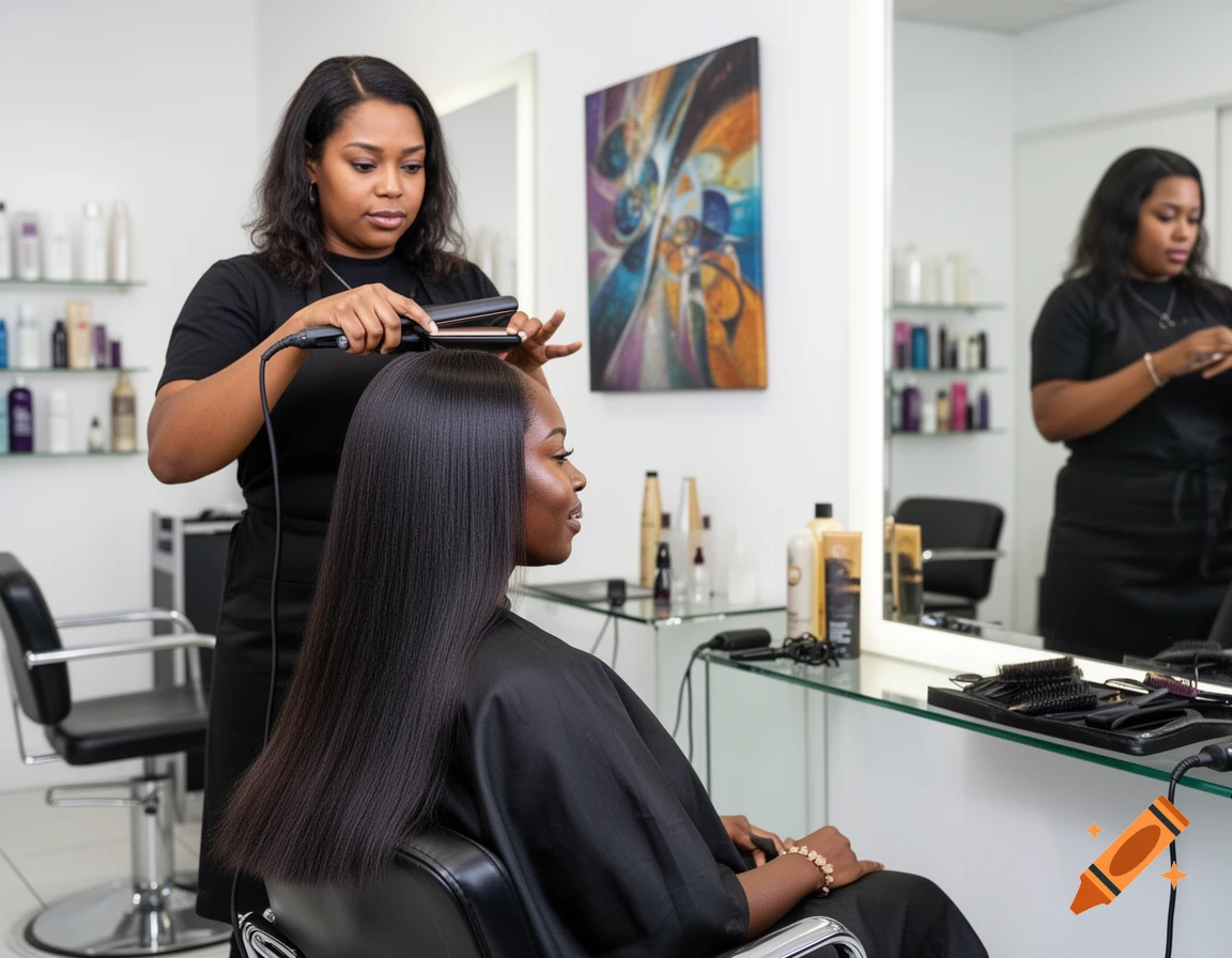 Hairstylist using a flat iron to straighten a Black woman's long, dark hair in a brightly lit salon.