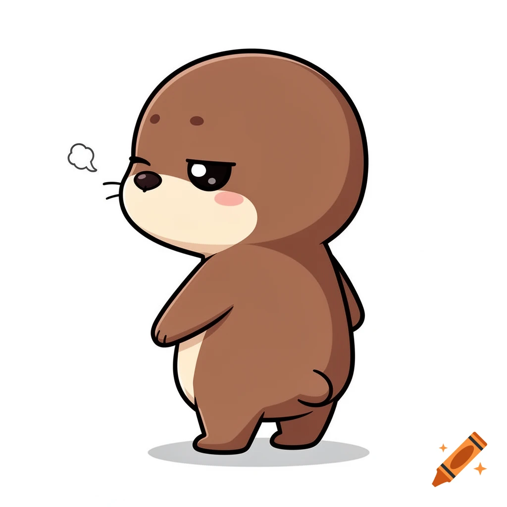 A cute brown chibi cartoon otter looks over its shoulder with a bored expression and a sigh cloud.