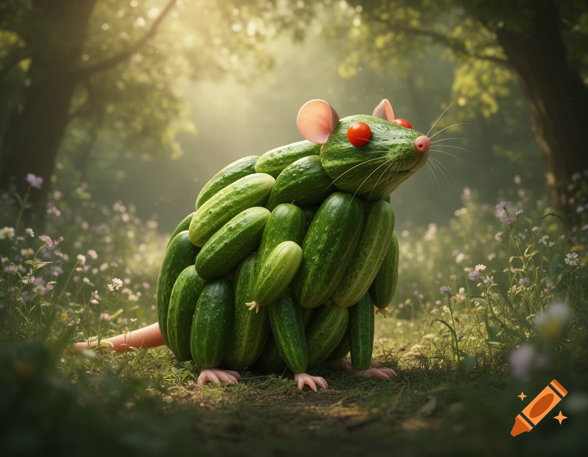 A whimsical rat sculpture made of cucumbers and red tomatoes for eyes, standing in a lush, sun-dappled forest among wildflowers.