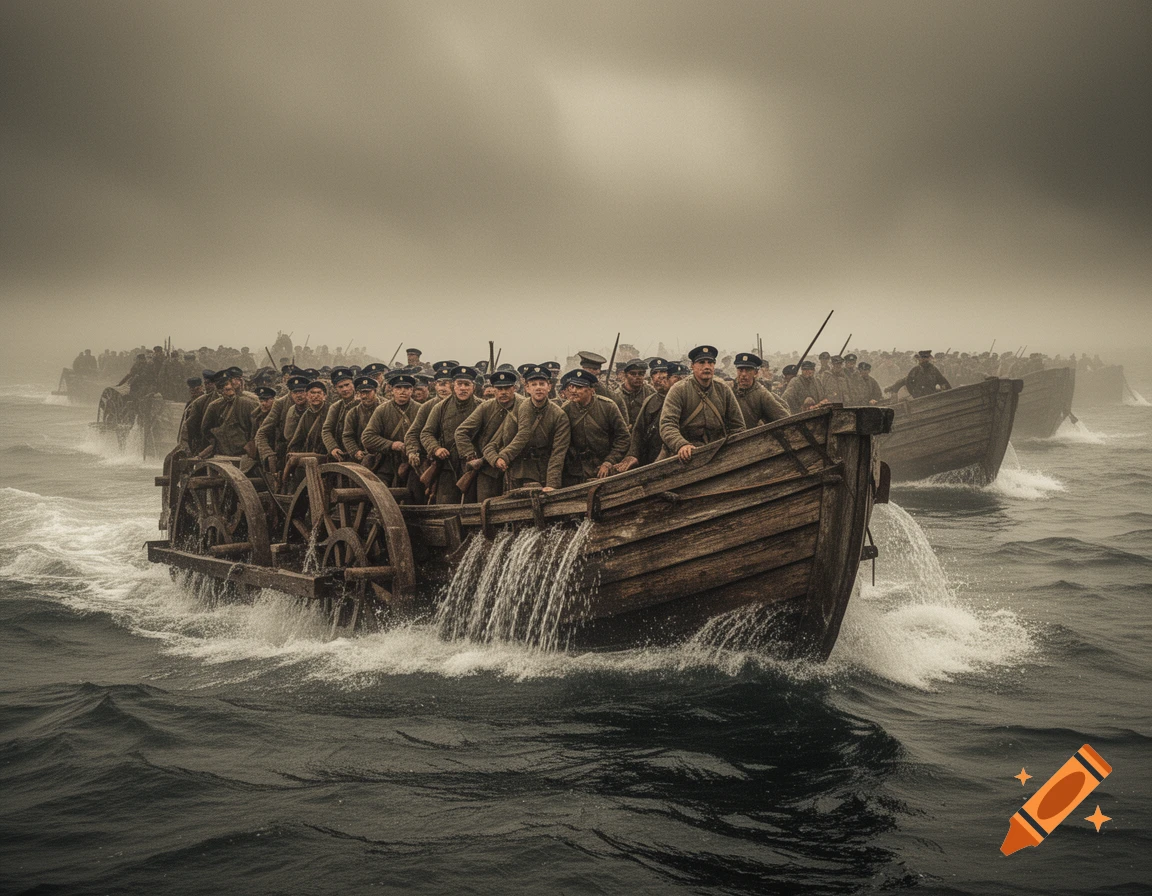 Photorealistic image of a fleet of 1800s soldiers in wooden boats with side paddle wheels, moving through choppy, overcast seas.