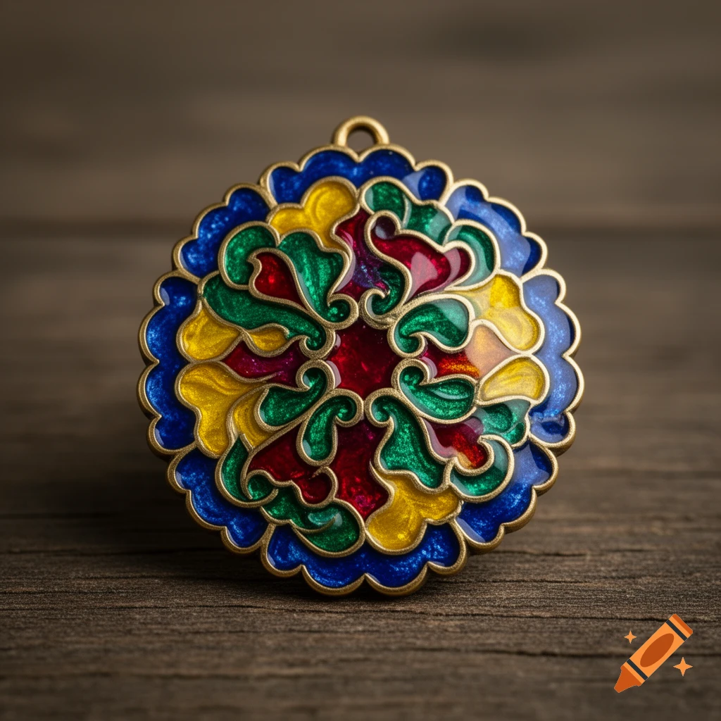 A vibrant multicolored cloisonne amulet with a scalloped edge rests on a rustic wooden surface, rendered in a photorealistic style.