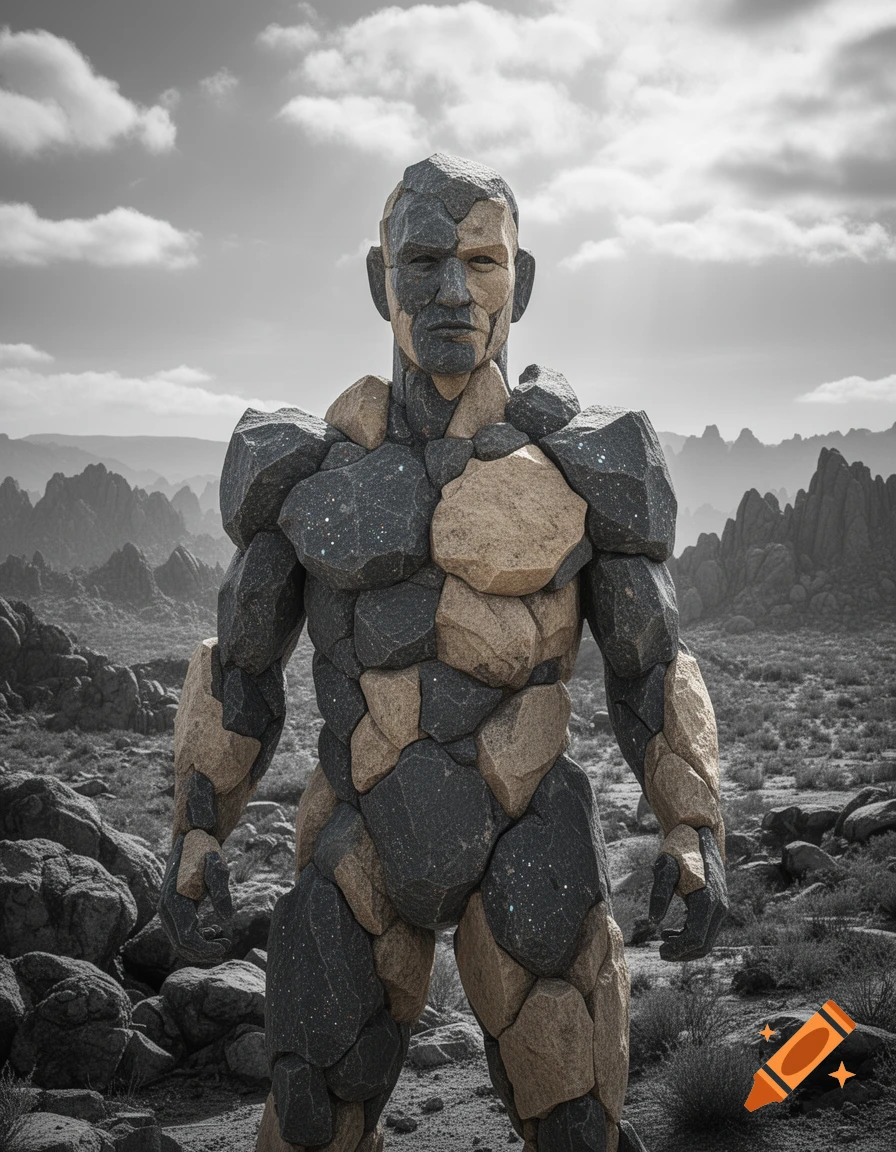A photorealistic golem made of dark and tan rocks stands in a barren, rocky landscape under a cloudy sky.