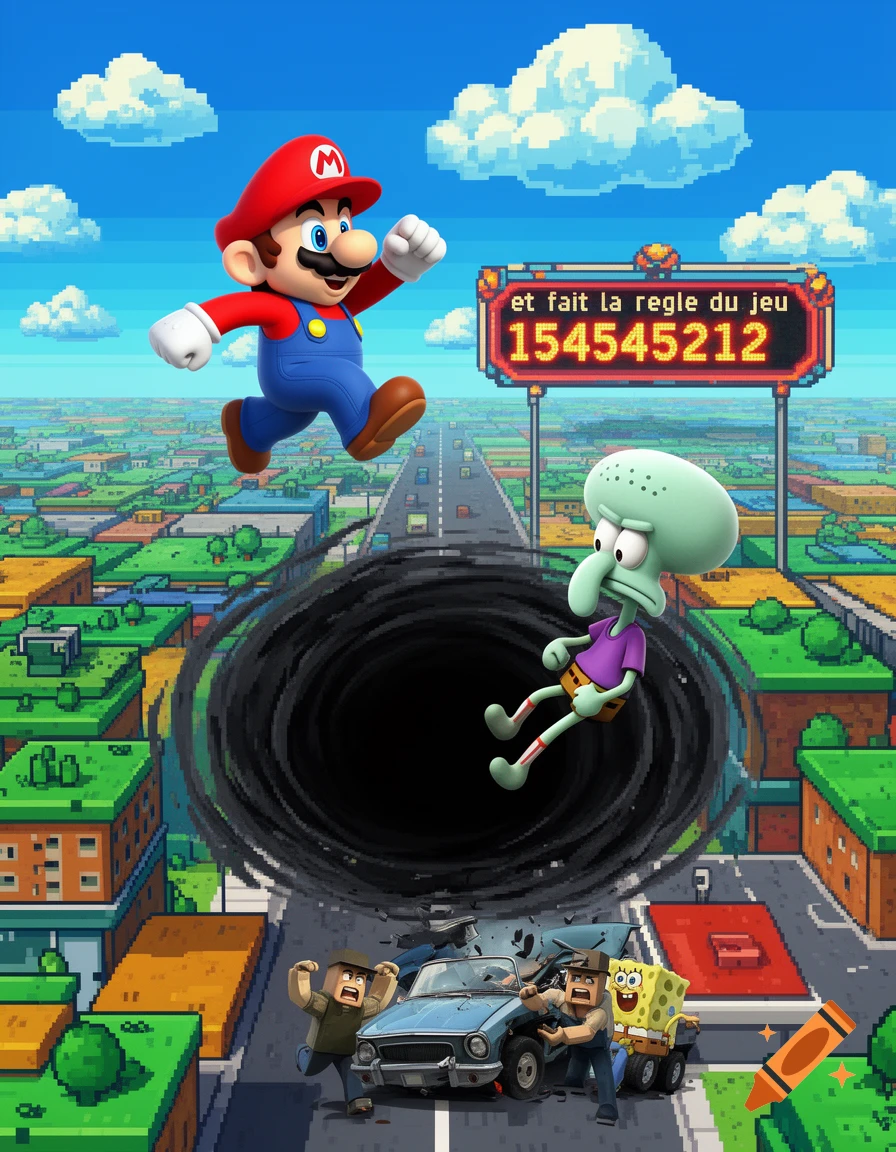 Mario jumps over a black hole with Squidward falling into it, above a car crash with Roblox characters and Spongebob, all set in a pixelated cityscape.