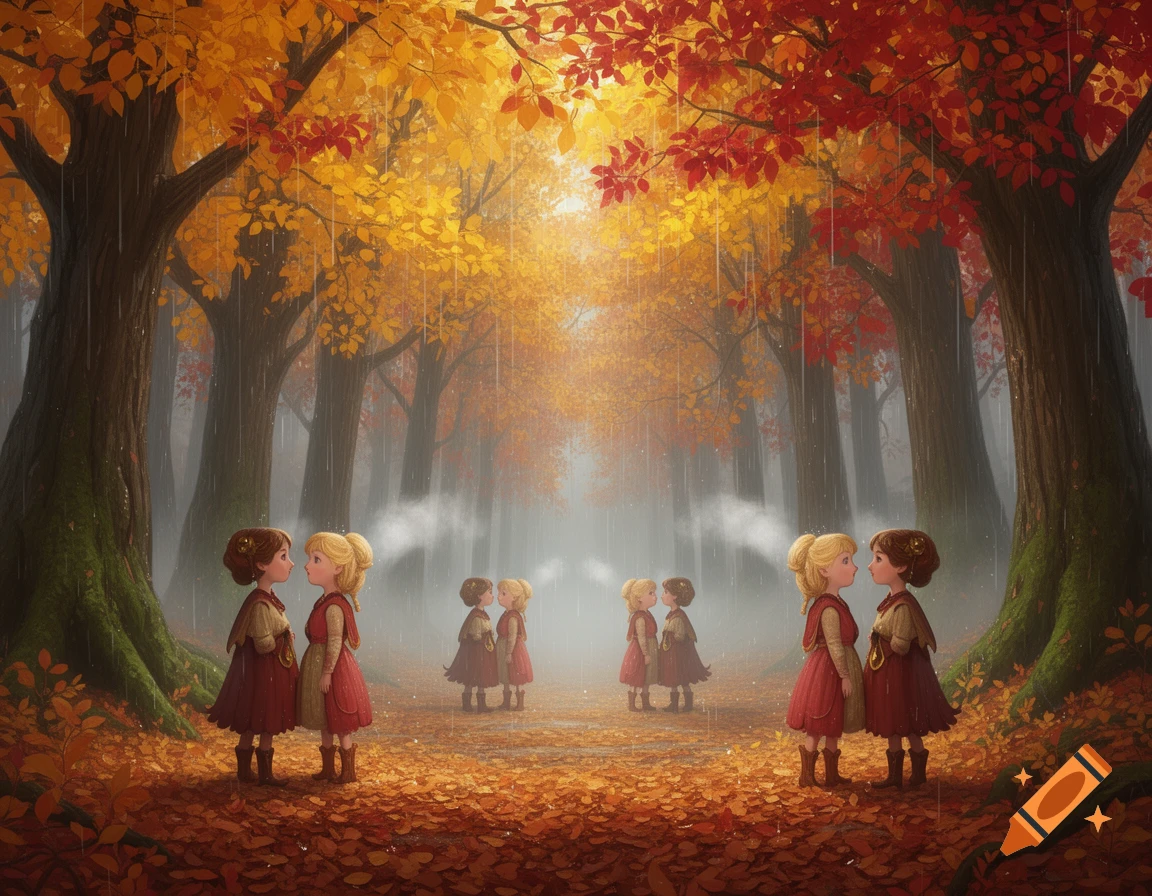 Pairs of young girls in a magical autumn forest with golden and red leaves during a rainy day, in a fairytale illustration style.