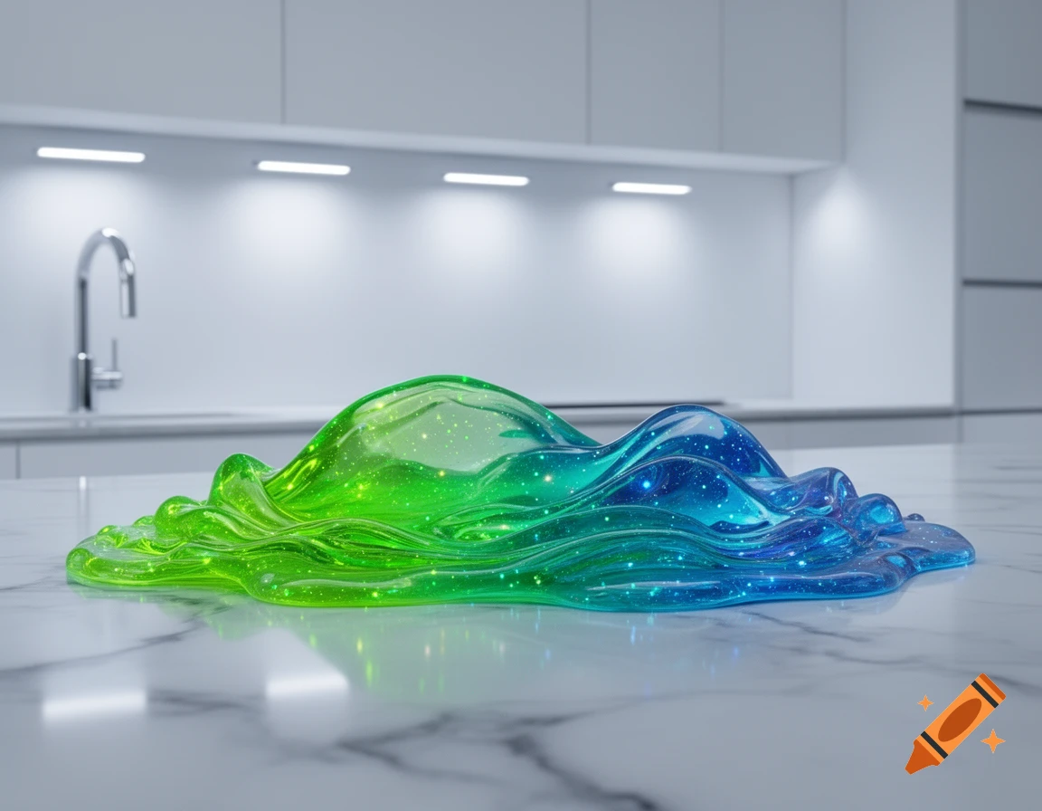 Photorealistic image of a vibrant green and blue shimmering slime on a white marble kitchen counter.