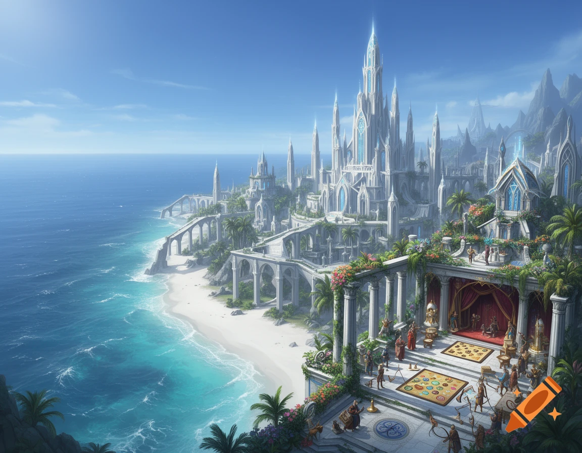 A vibrant fantasy elven coastal city with gleaming white architecture, lush gardens, and arching bridges along turquoise waters.