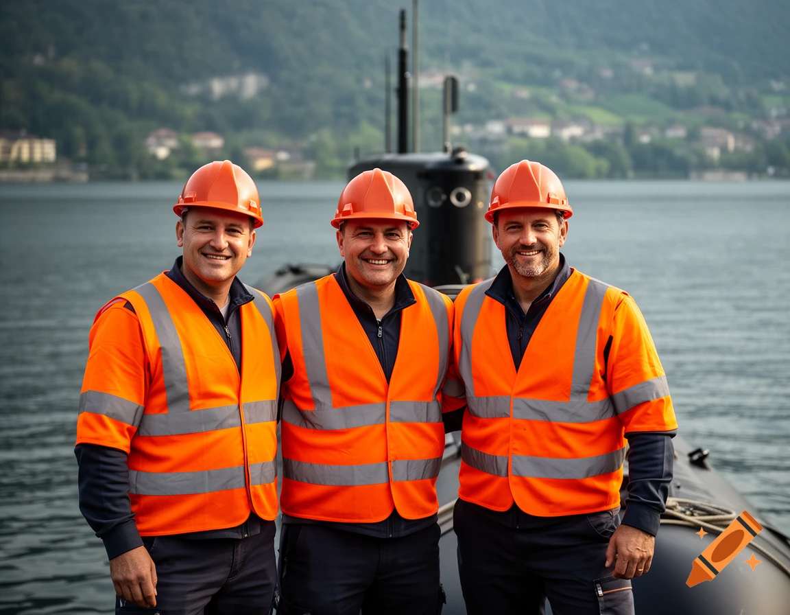 Three smiling men in orange safety vests and helmets stand next to a black submarine at a lake shore with mountains in the background, photorealistic.