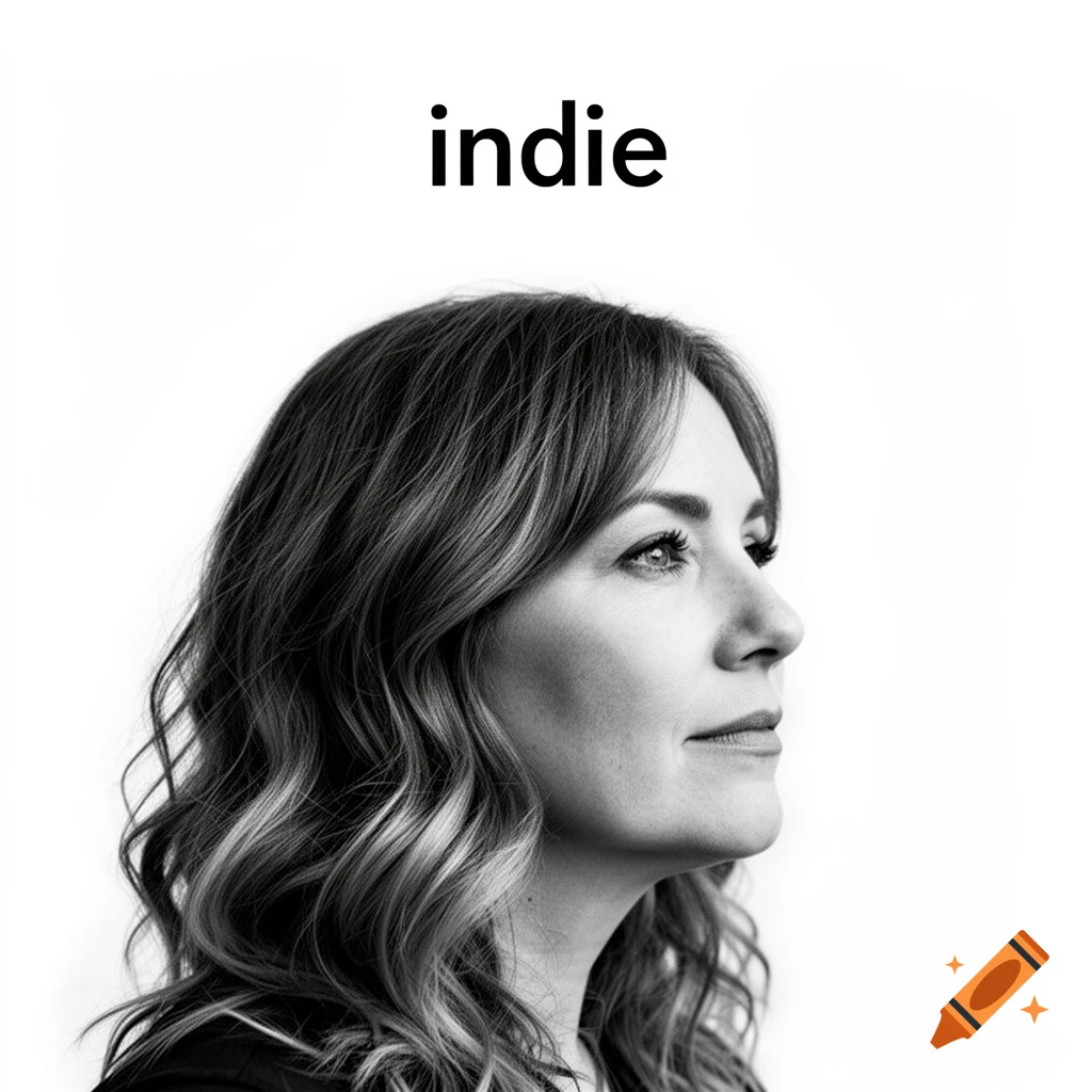 Black and white portrait of a woman looking right, with wavy hair, and the word "indie" above her.
