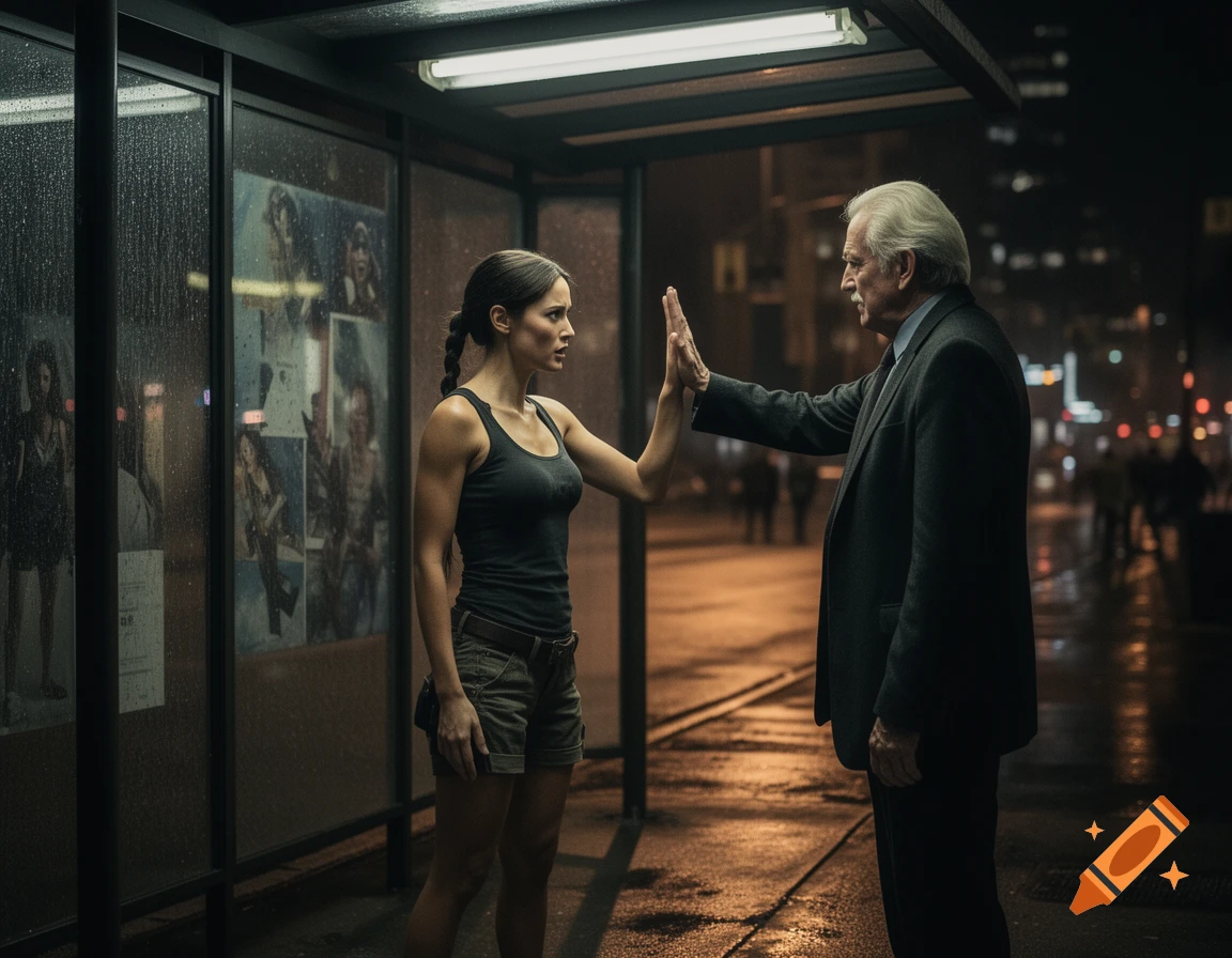 A photorealistic image of a woman and an older man facing each other, palms pressed together in a rainy bus shelter at night.