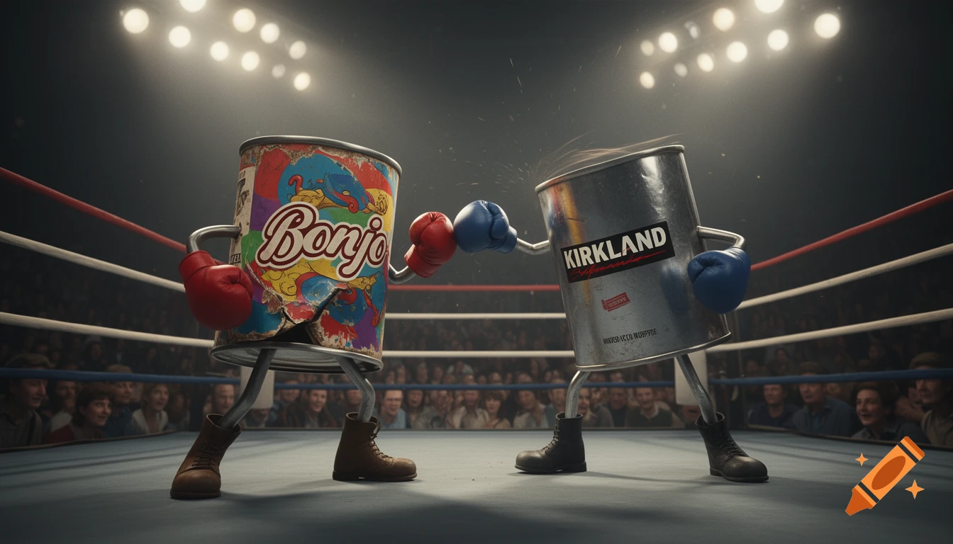 Two anthropomorphic cans, 'Bonjo' and 'Kirkland', boxing in a spotlighted ring with a crowd.