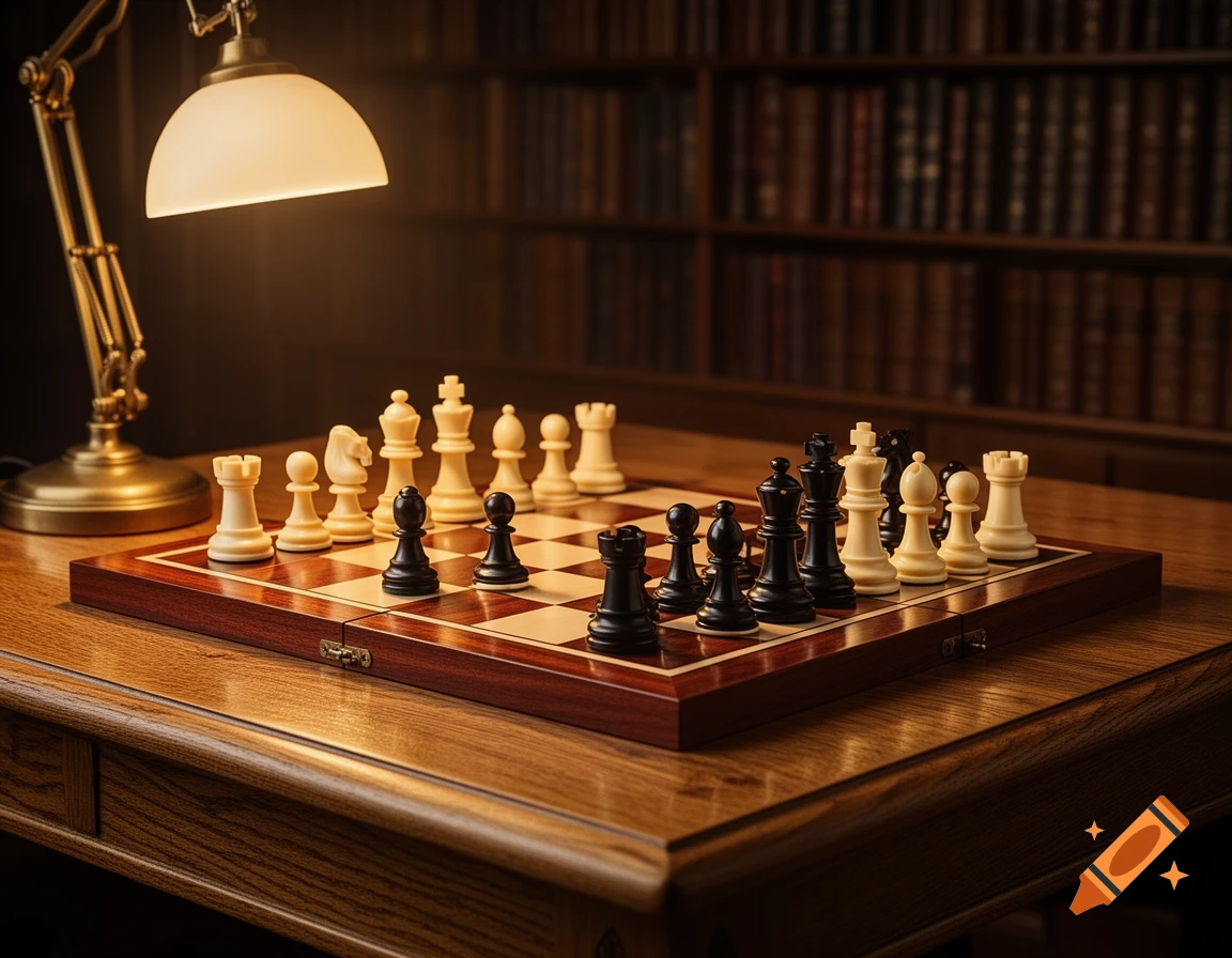 A photorealistic image of a chess board with black and white pieces set on a wooden table, illuminated by a desk lamp.