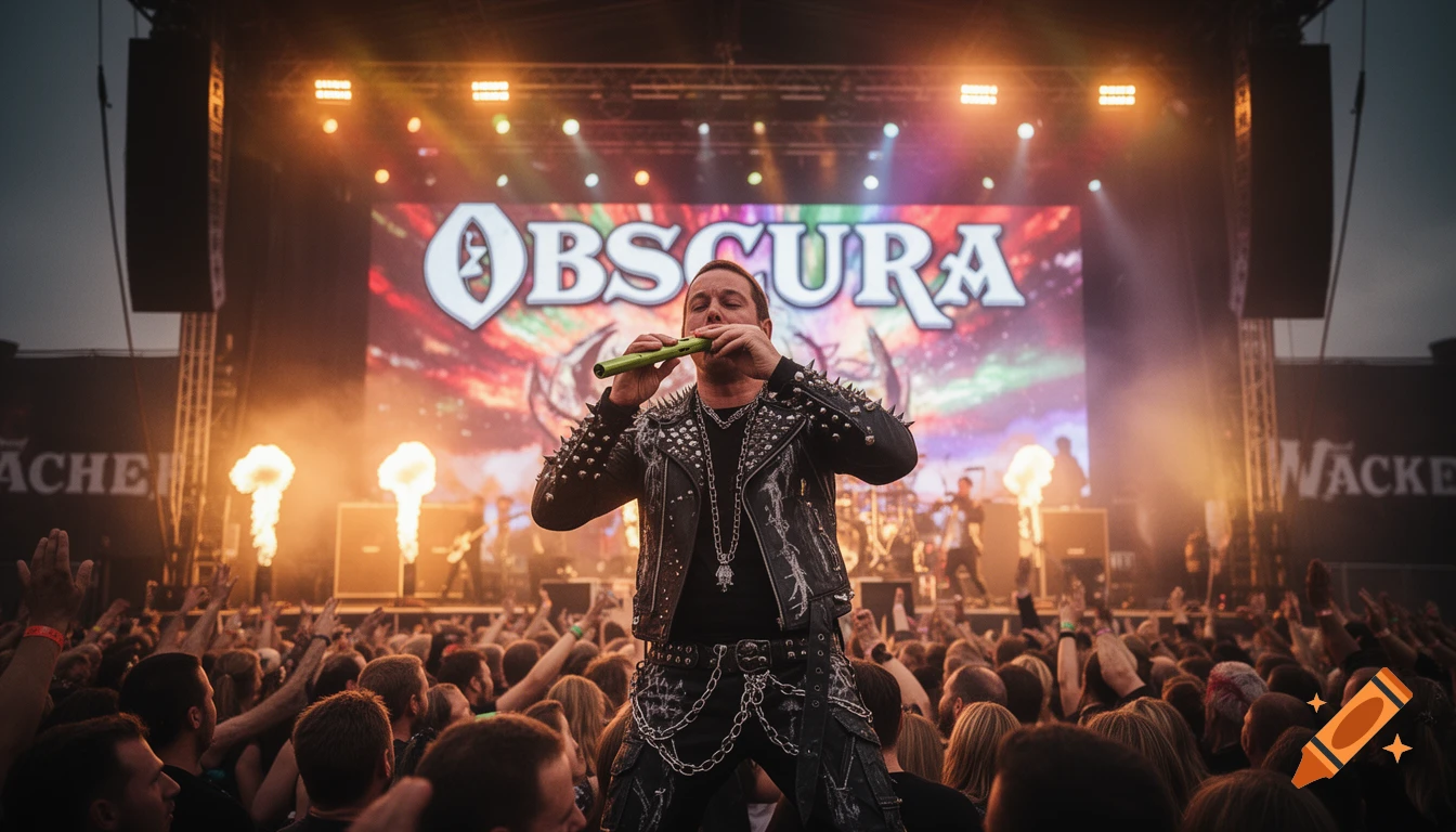 Man in studded jacket plays kazoo on stage at a crowded outdoor metal concert with "OBSCURA" on screen and pyrotechnics.