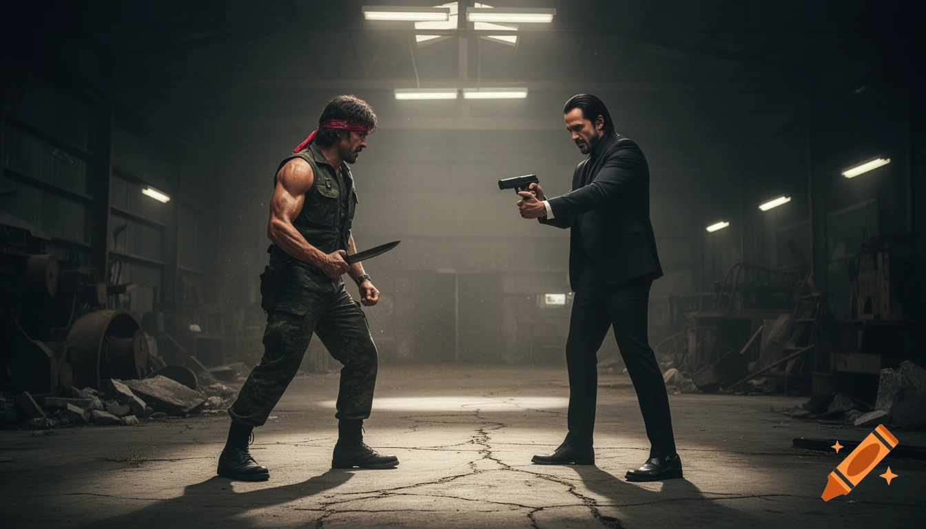 Photorealistic image of Rambo, armed with a knife, confronting John Wick, who holds a pistol, in a dimly lit, gritty industrial warehouse.