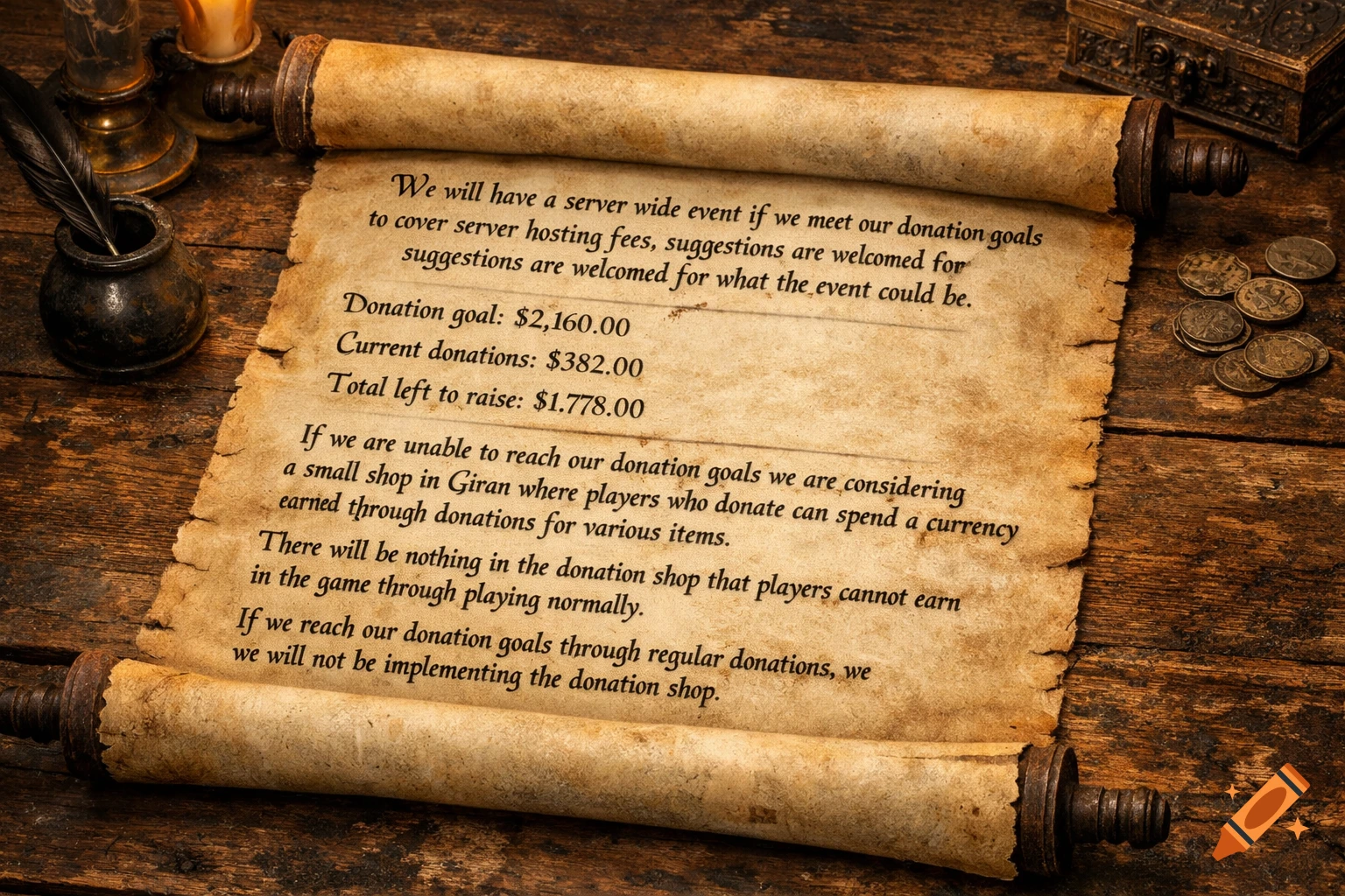 A medieval scroll on a wooden table details donation goals for a server event, with an inkpot, quill, candle, coins, and a wooden chest nearby.