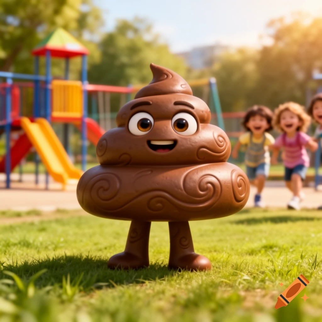 A cheerful 3D cartoon poop emoji character stands in a sunny playground with blurred children in the background.