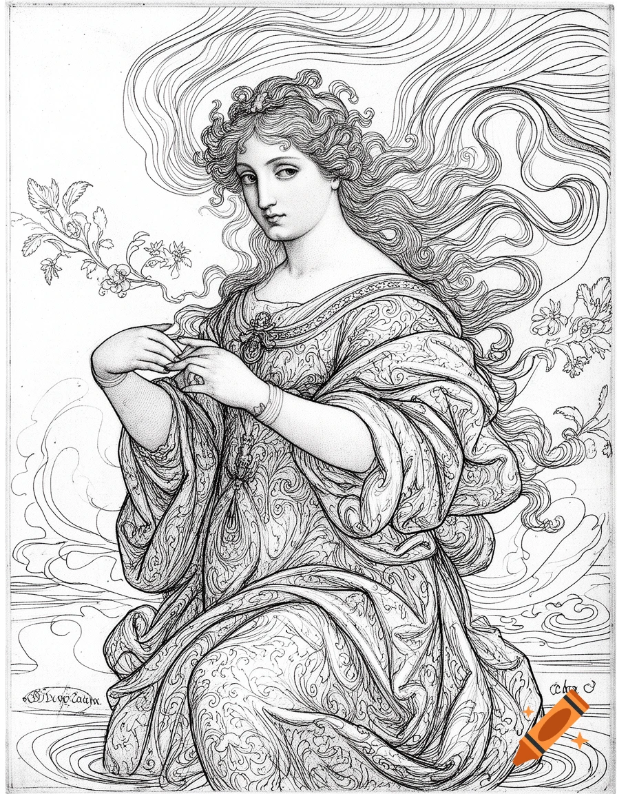 Black and white line drawing of a woman with long, flowing hair, wearing an ornate dress, seated in water or clouds.