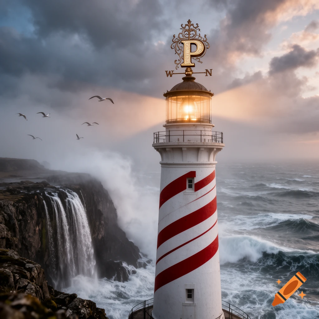 Photorealistic image of a lighthouse with a golden 'P' on top, amidst a stormy sea and crashing waterfall.