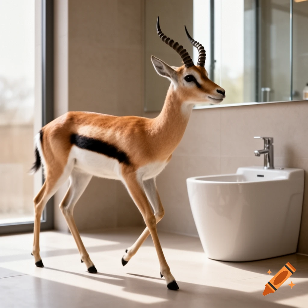 A photorealistic gazelle with large horns stands in a modern bathroom next to a white bidet.