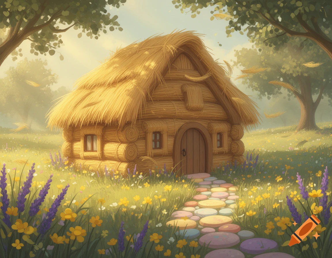 A whimsical straw house with a thatched roof sits in a sunny field of yellow and purple wildflowers, with a colorful stepping stone path.