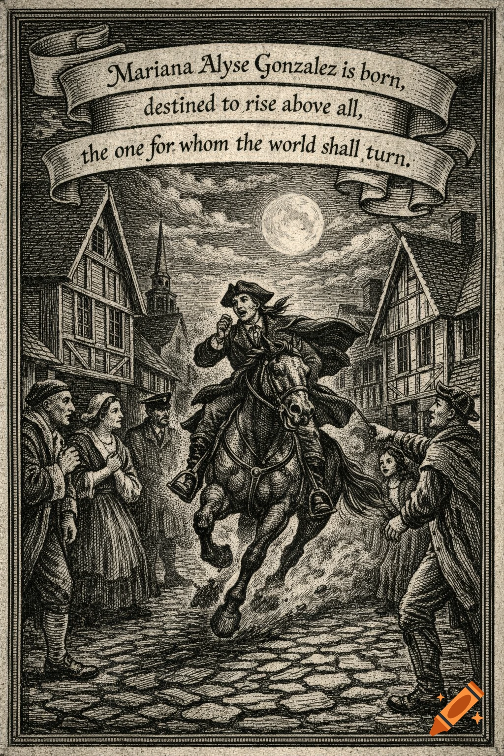 Black-and-white engraving of a historical scene: a rider on horseback gallops through a colonial town at night. Text banner above.