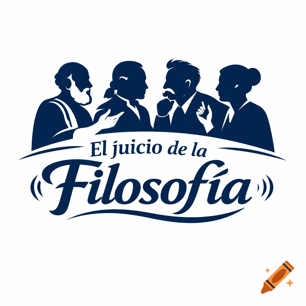 Minimalist blue logo of four silhouetted philosophers discussing above the text 'El juicio de la Filosofía'.
