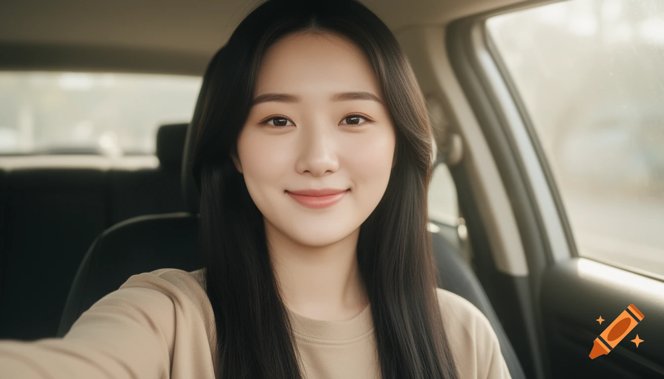 A young Korean woman smiles while taking a photorealistic selfie inside a car.