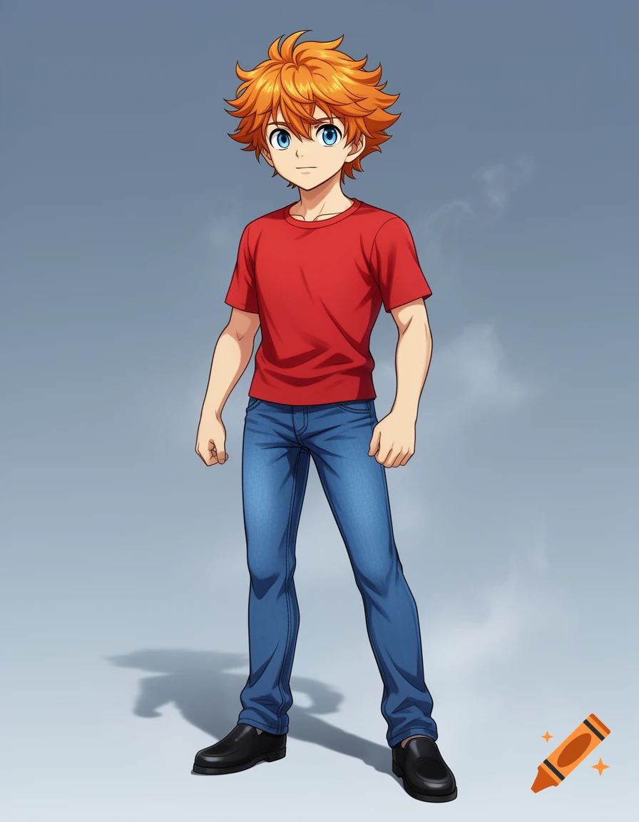 Anime-style teenage boy with orange hair, blue eyes, red t-shirt, blue jeans, and black shoes.