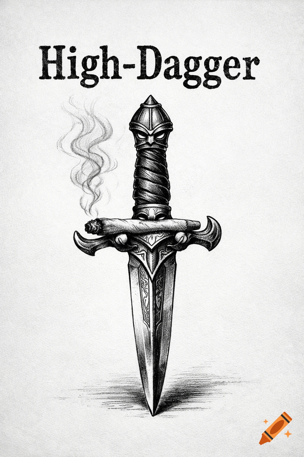 A black and white drawing of a fantasy dagger smoking a joint, with 'High-Dagger' as the headline.