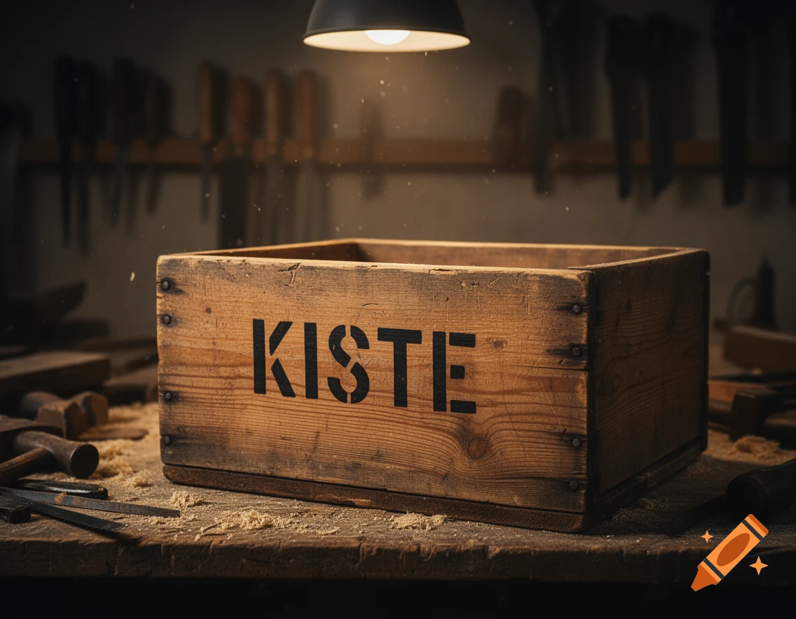 A photorealistic wooden box labeled "KISTE" sits on a dusty workshop table with tools, lit by a hanging lamp.