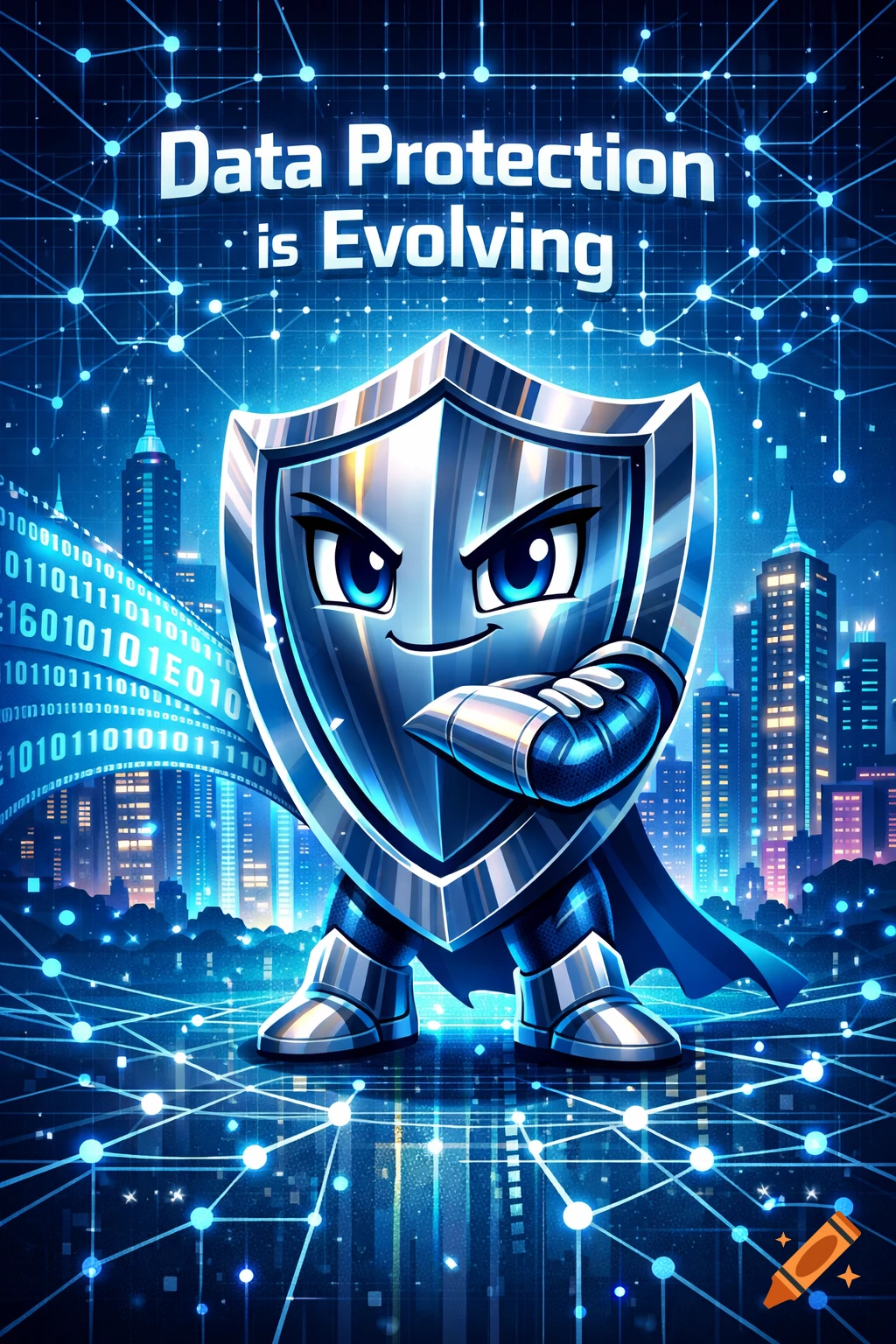 A cartoon shield character stands in a futuristic city with binary code and "Data Protection is Evolving" text.