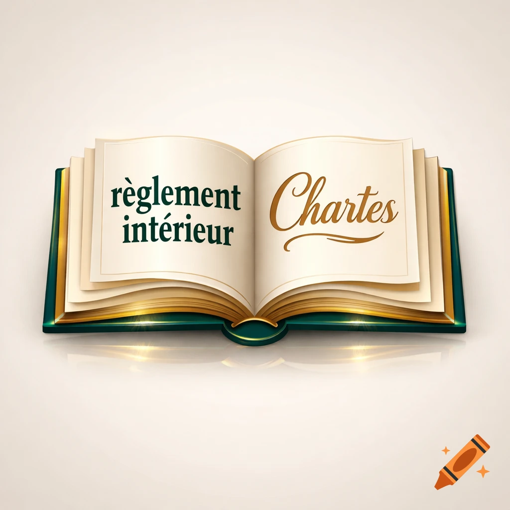 An open book with a dark green cover and golden pages. The left page says 'règlement intérieur', and the right page says 'Chartes'.
