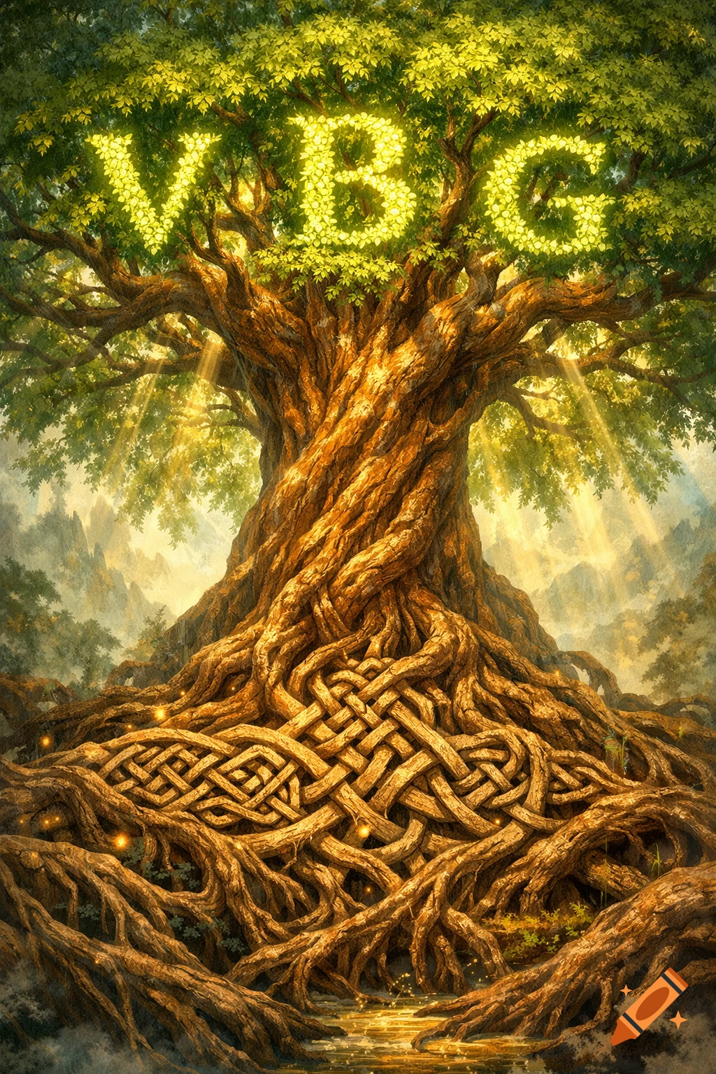 Detailed fantasy art of an ancient Yggdrasil-like tree with a twisted trunk and Celtic knot roots, green leaves forming 'VBG', and sunbeams.