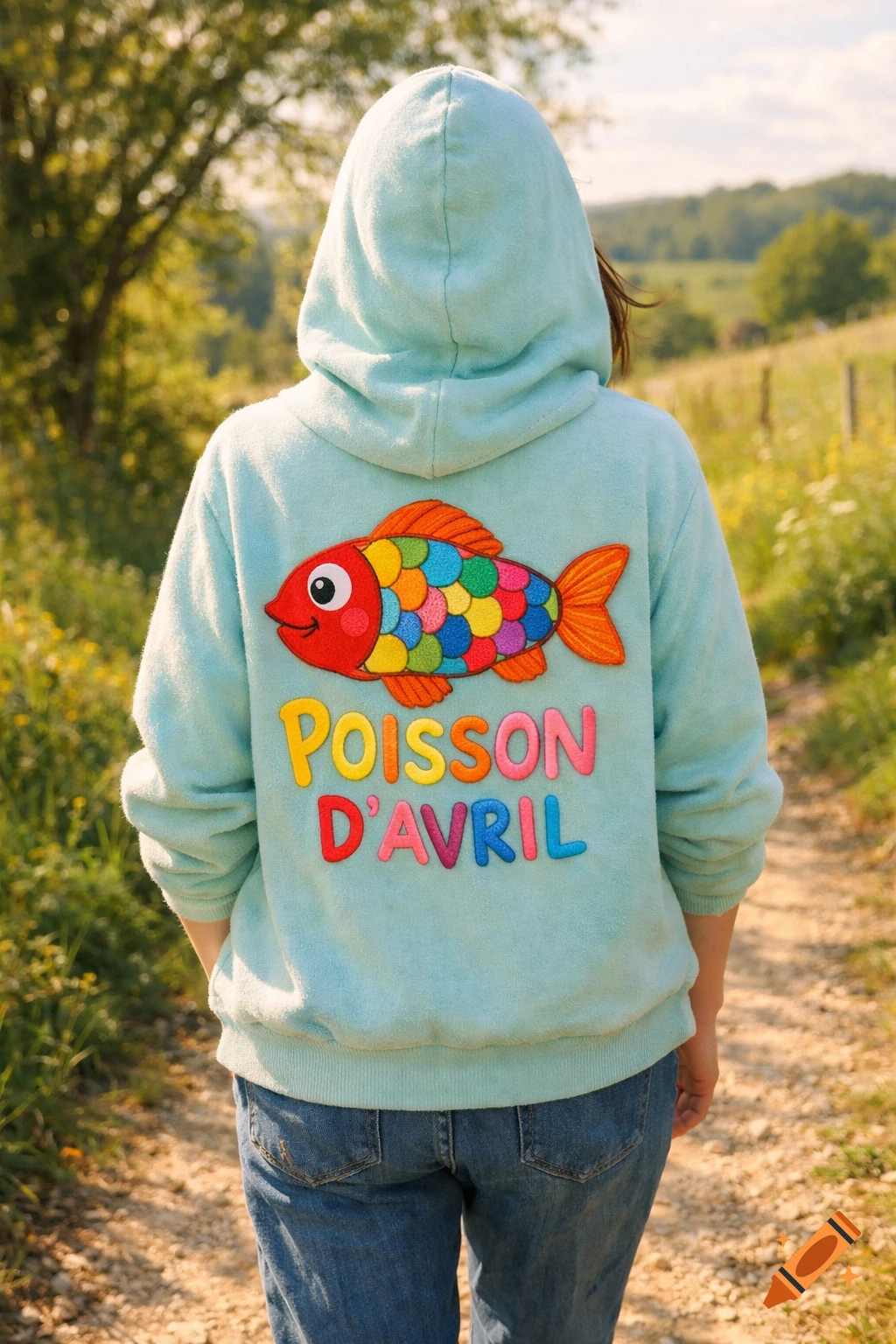 Person from behind wearing a light blue hoodie with a colorful fish and "POISSON D'AVRIL" on the back, walking on a country path.