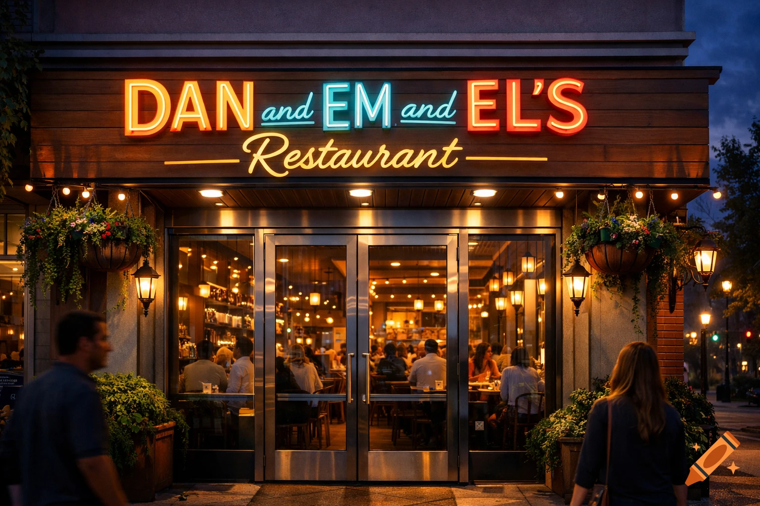 A photorealistic image of a restaurant facade at dusk, with a glowing neon sign reading 'DAN and EM and EL'S Restaurant'. People are visible dining inside and walking on the sidewalk.