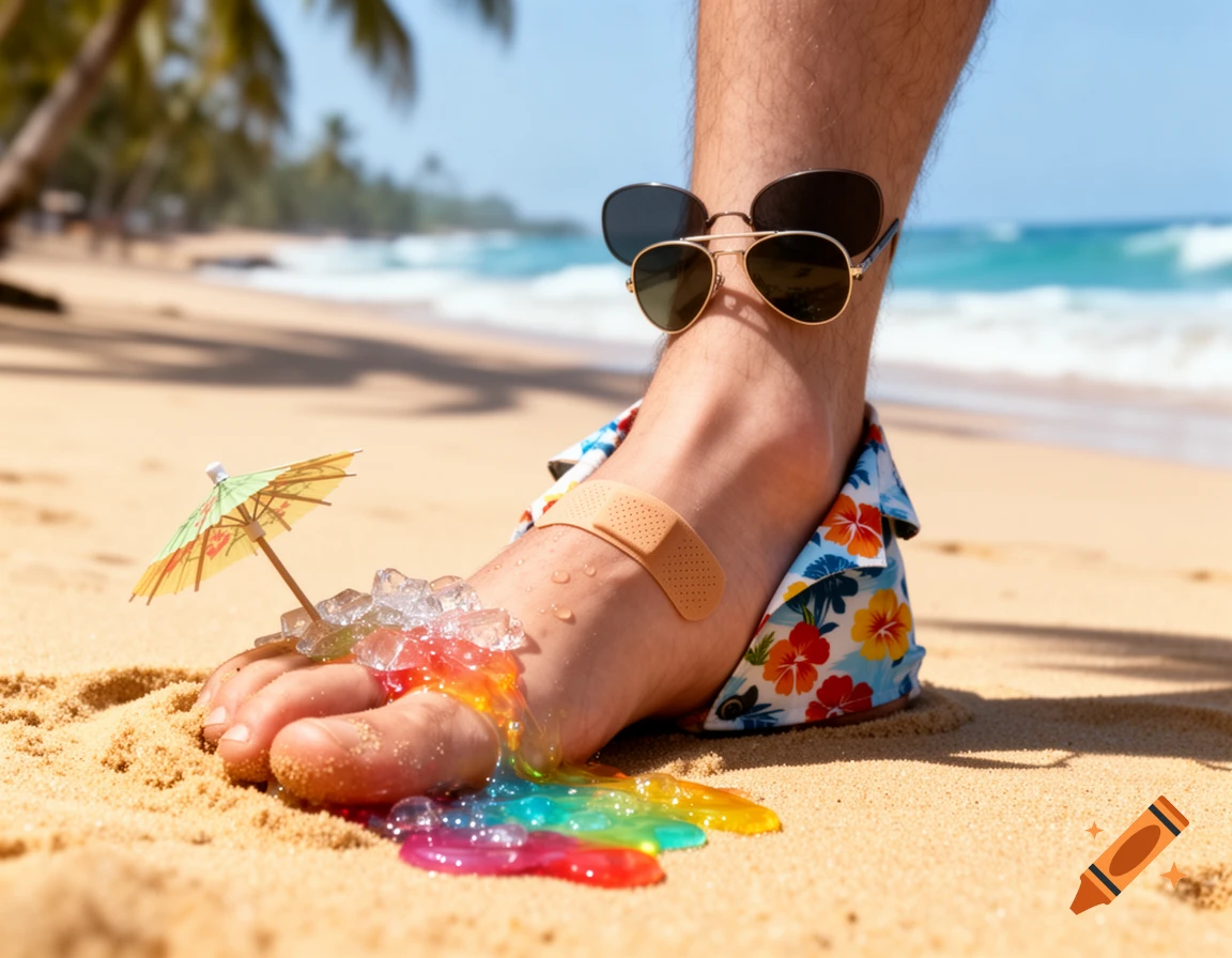 A foot on a sunny beach humorously decorated with sunglasses, a band-aid, Hawaiian shirt, ice, and melted rainbow liquid.
