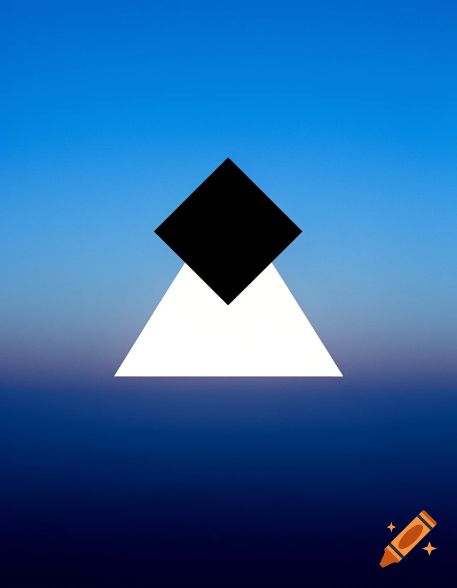 A white equilateral triangle topped by a black square against a gradient background from midday blue to midnight blue.