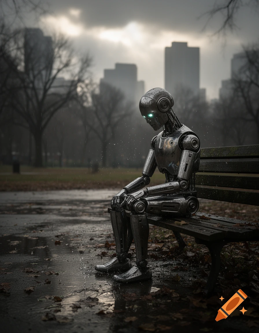 Photorealistic image of a metallic robot with glowing eyes sitting alone on a park bench in the rain, with city buildings in the hazy background.