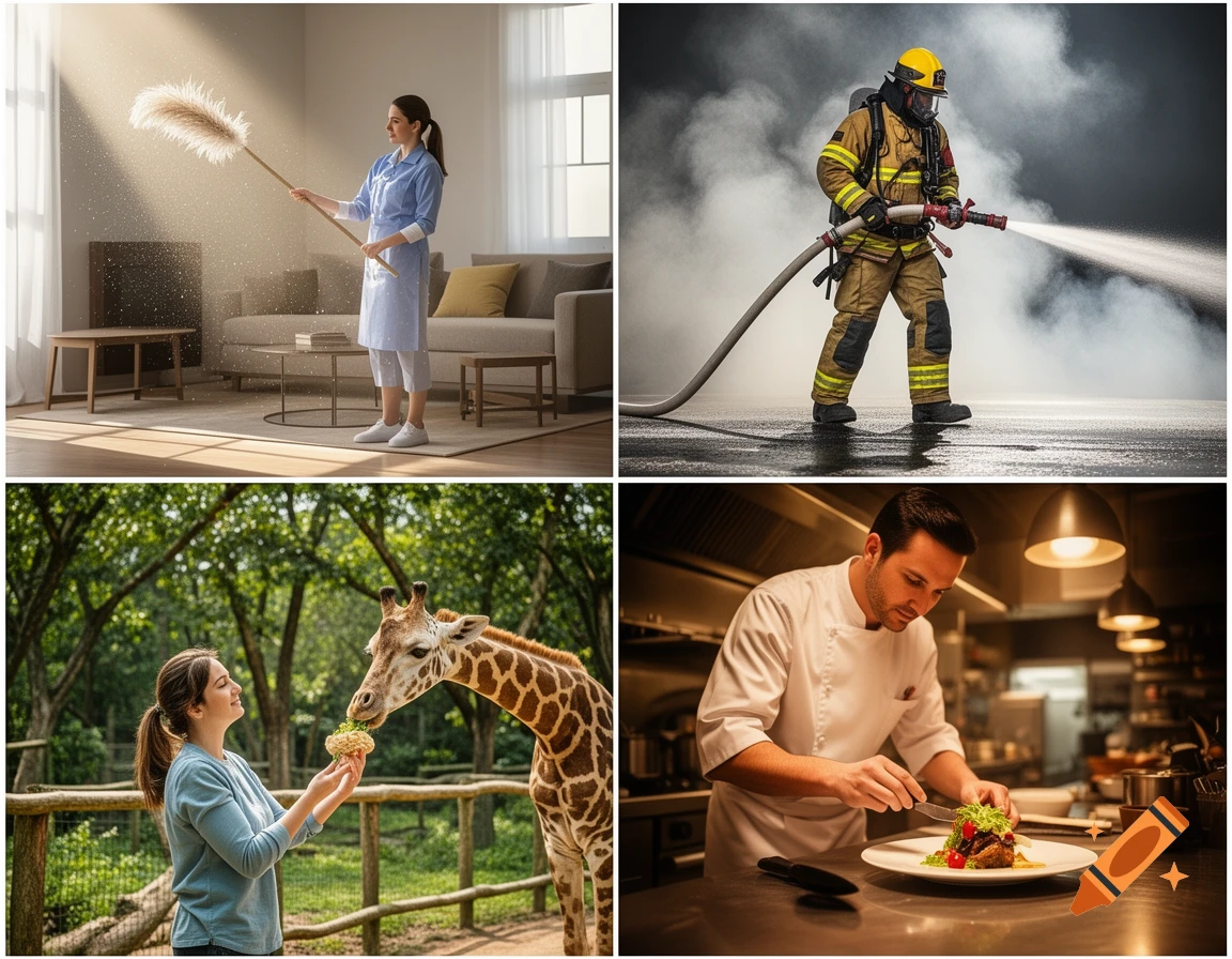 A grid of four images: a woman dusting a living room, a firefighter spraying water, a woman feeding a giraffe, and a chef plating food.