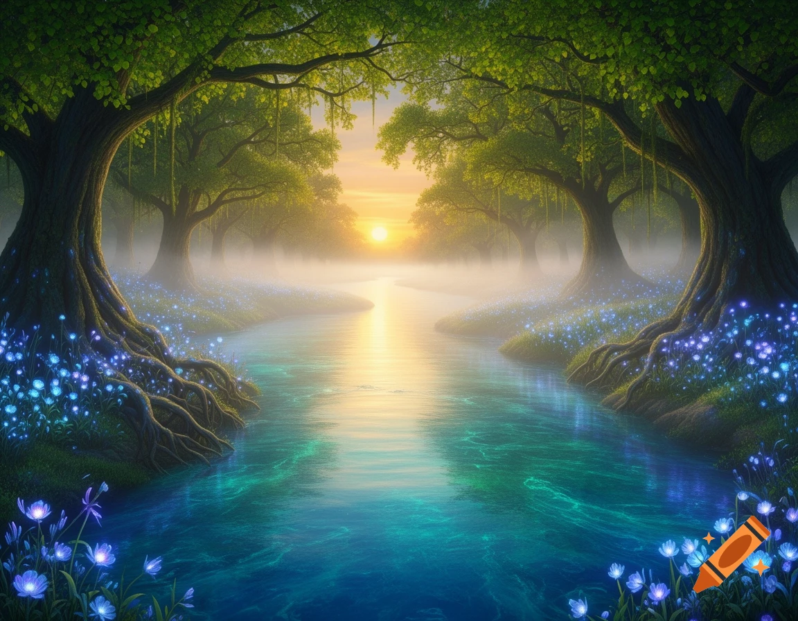 A serene fantasy river flowing through a misty forest at sunset, with glowing blue and purple flowers on the banks.