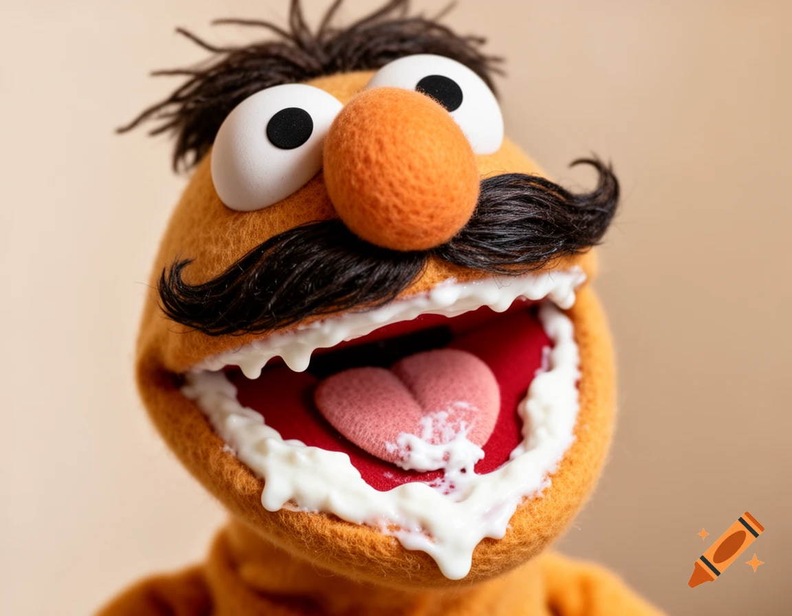 A close-up of an orange muppet-like puppet with a mustache, wide-open mouth covered in white cream, and a pink tongue.